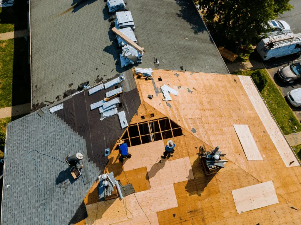Aerial view of a full residential roof replacement by SCI Roofing in South Florida