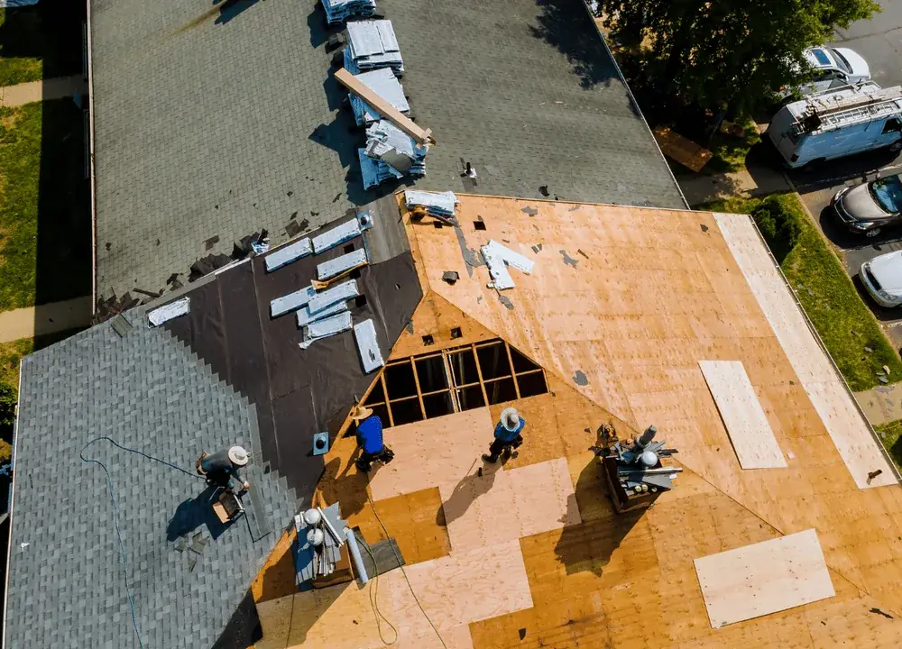 Aerial view of a residential roof replacement in progress by SCI Roofing